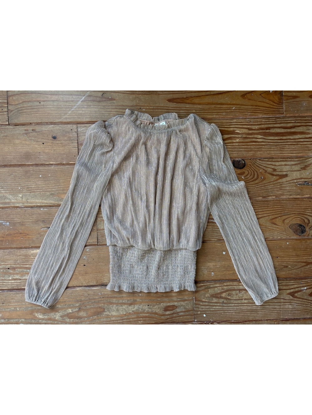 Joie Metallic Plissé Smocked Waist Ruffle Neck Blouse Champagne Gold Size Small